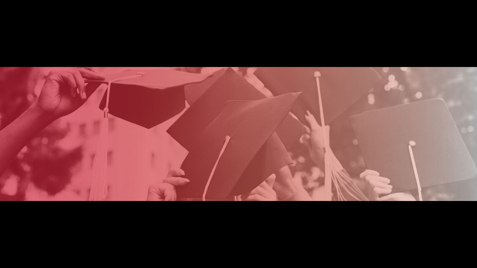 2024 graduation page skinny hero image, black and white photo of graduates holding graduation caps with red wash overlay