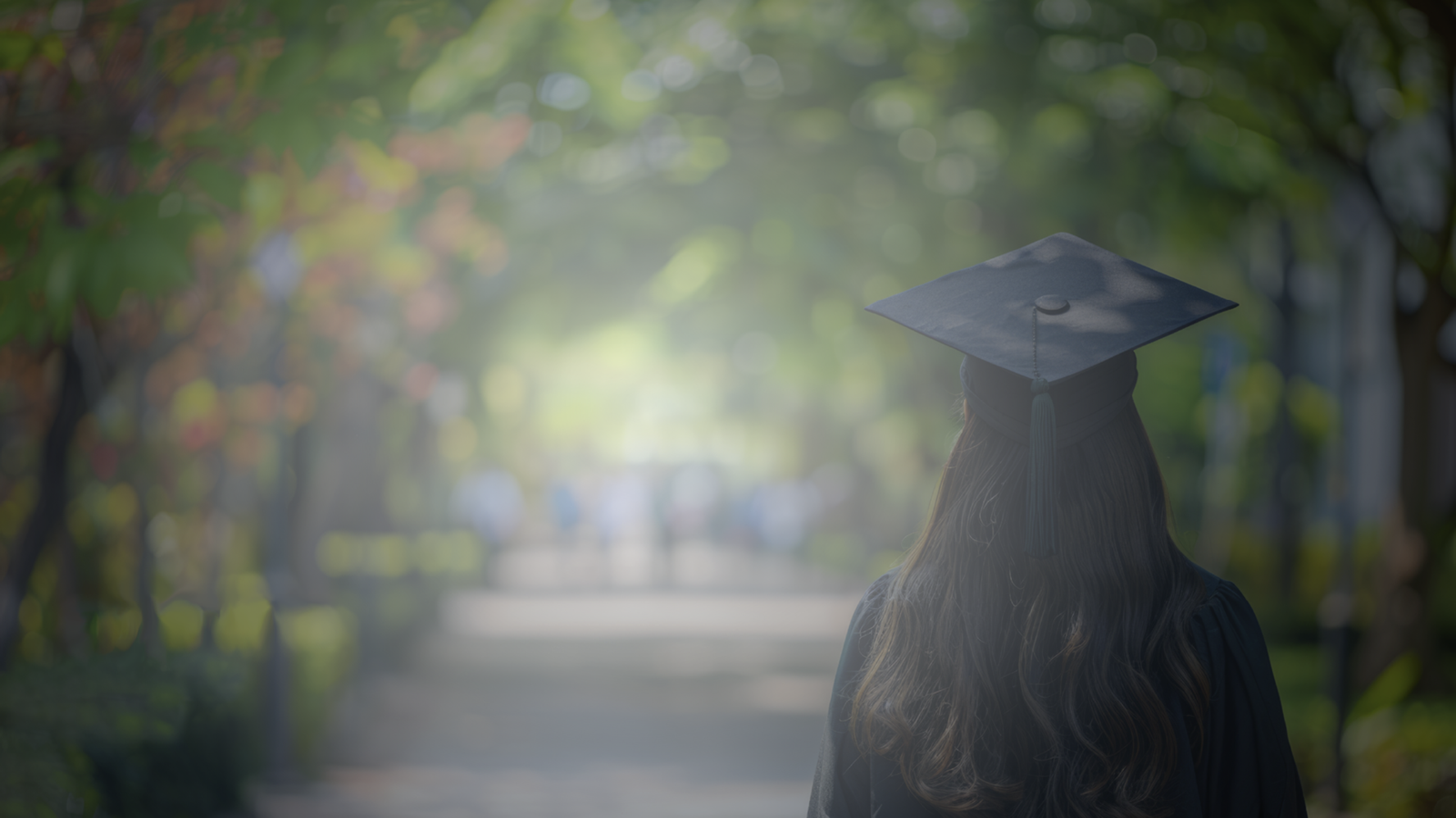 Graduation 2025 homepage hero image, graduate looking toward picturesque landscape path