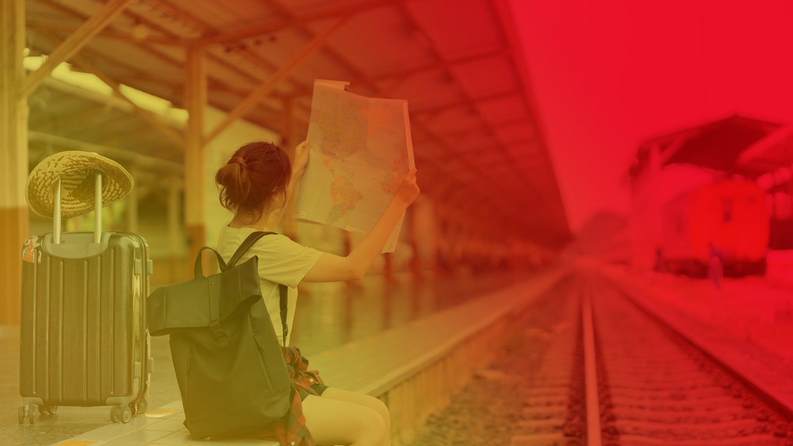 Large header image with girl looking at map sitting at a train station with her luggage, gold to red gradient overlay