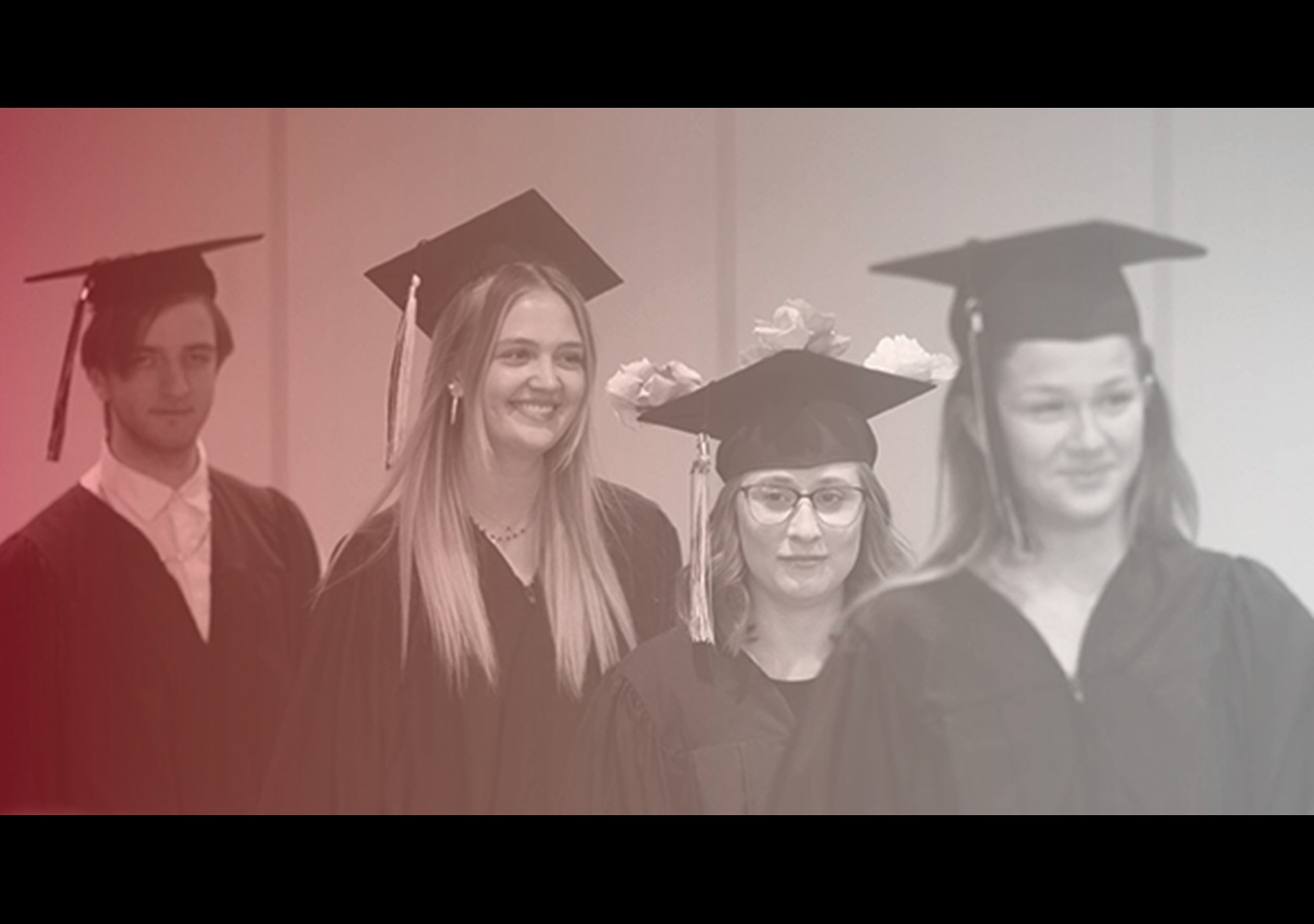 Roll Call image, graduates walking into ceremony photo, Hybrid Graduation Experience 2024