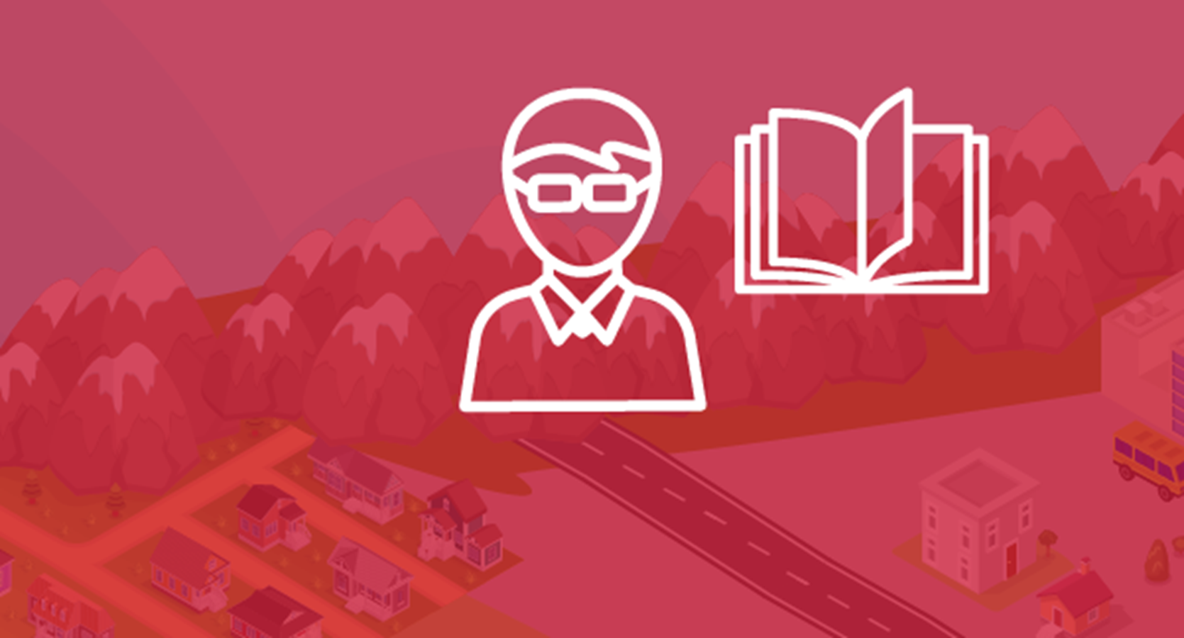 Teacher and book icon with map background and red overlay representing Supportive Teachers